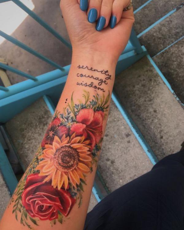 Sunflower and roses with Serenity Courage wisdom