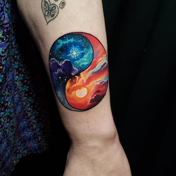 Sunshine and galaxy night Yin Yang tattoo