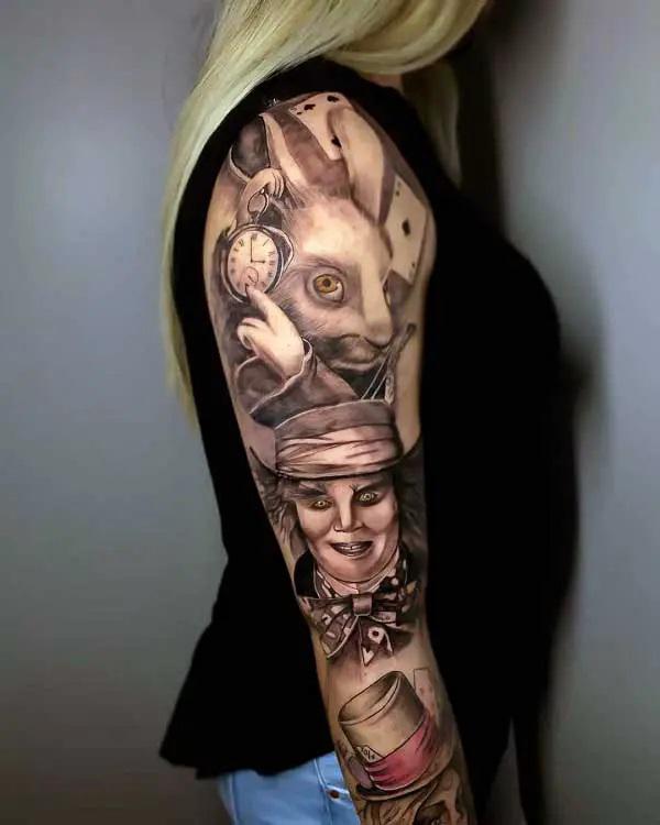 The white rabbit and Mad Hatter tattoo sleeve