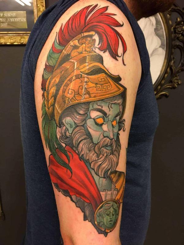 Traditional Ares tattoo sleeve