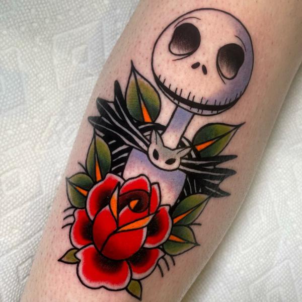Traditional Jack Skellington with red rose tattoo