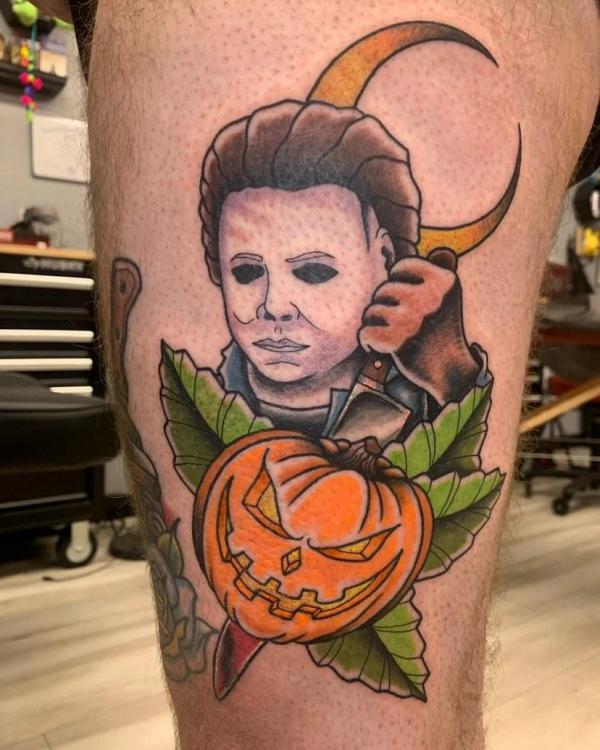 Traditional Michael Myers and pumpkin with crescent moon