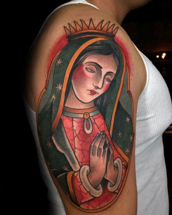 Traditional Virgin Mary tattoo sleeve