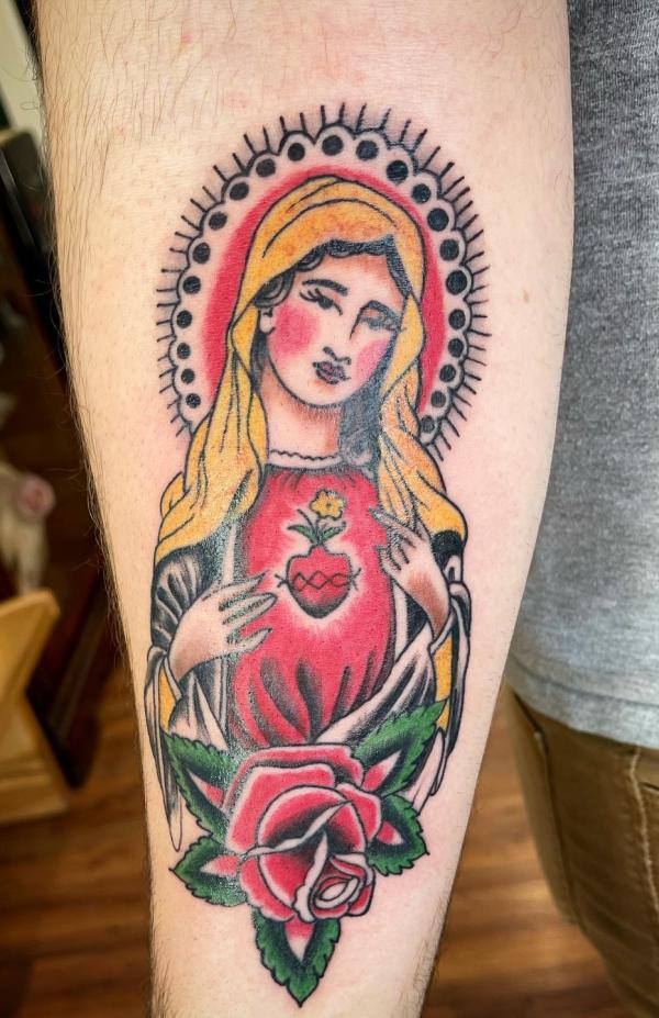 Traditional Virgin Mary with immaculate heart and rose tattoo