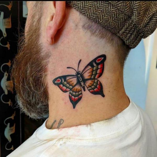 Traditional butterfly neck tattoo 