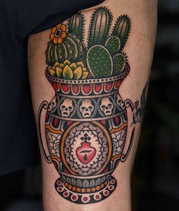 Traditional cactus in pot tattoo