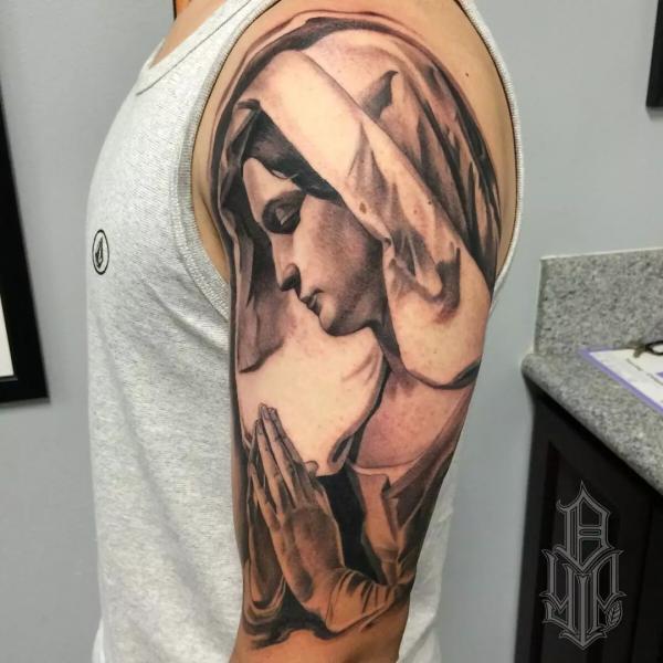 Vintage Virgin Mary with praying hands tattoo sleeve