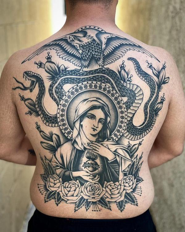 Virgin Mary Skull Woman on Motorcycle Roses Vine Temporary Sleeve Tattoos|  WannaBeInk.com