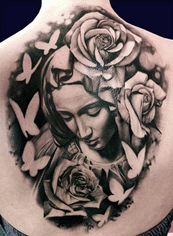 Virgin Mary surrounded by roses and negative space birds