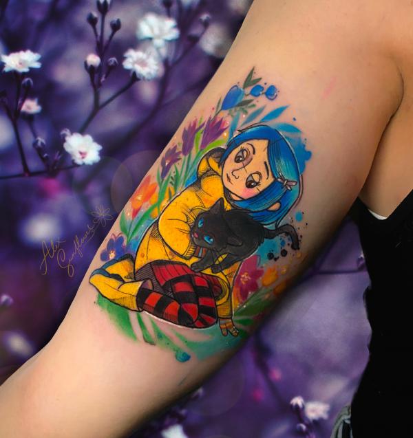 Watercolor Coraline with her black cat tattoo