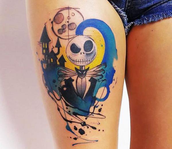 Watercolor Jack Skellington thigh tattoo