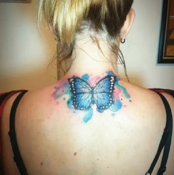 Watercolor blue butterfly neck tattoo