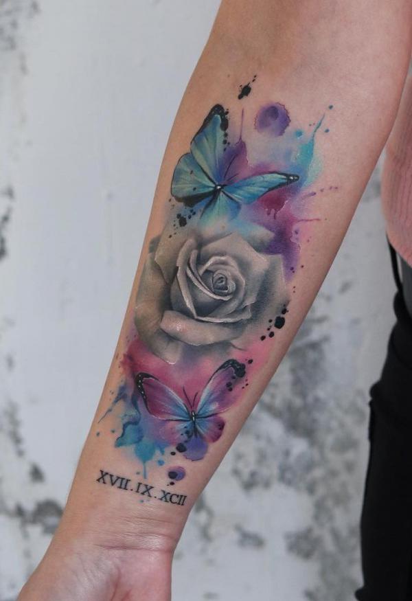 Watercolor rose and butterflies with Roman Numerals