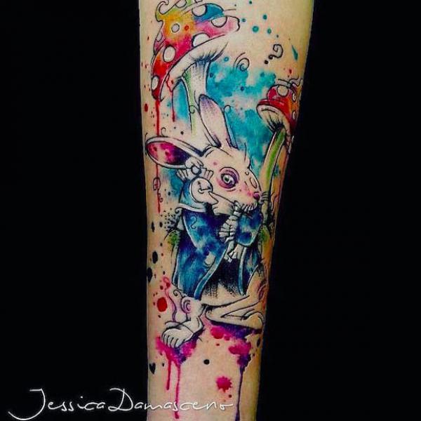 Watercolor white rabbit and mushroom tattoo