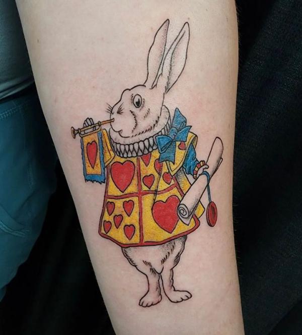 White rabbit blowing the horn