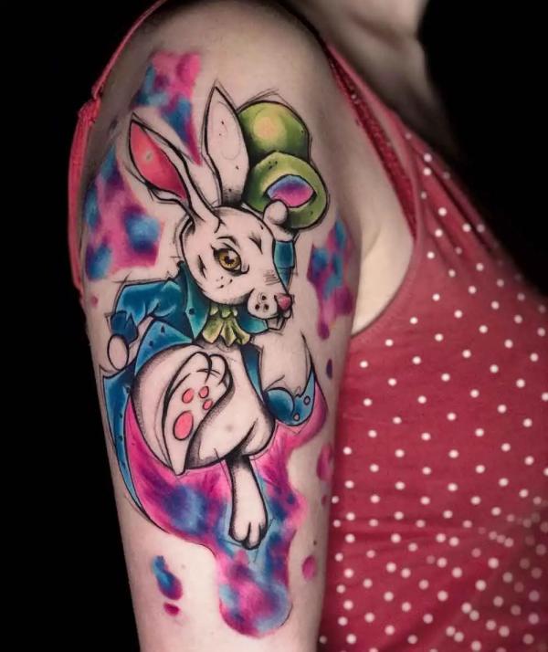 White rabbit watercolor half sleeve tattoo