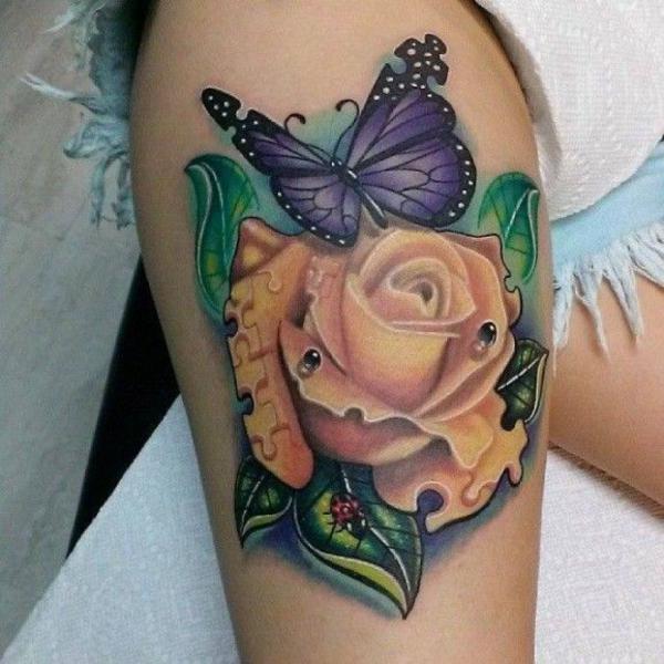 Yellow rose and purple butterfly thigh tattoo