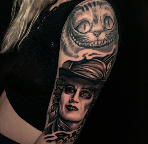 Cheshire cat and mad hatter tattoo