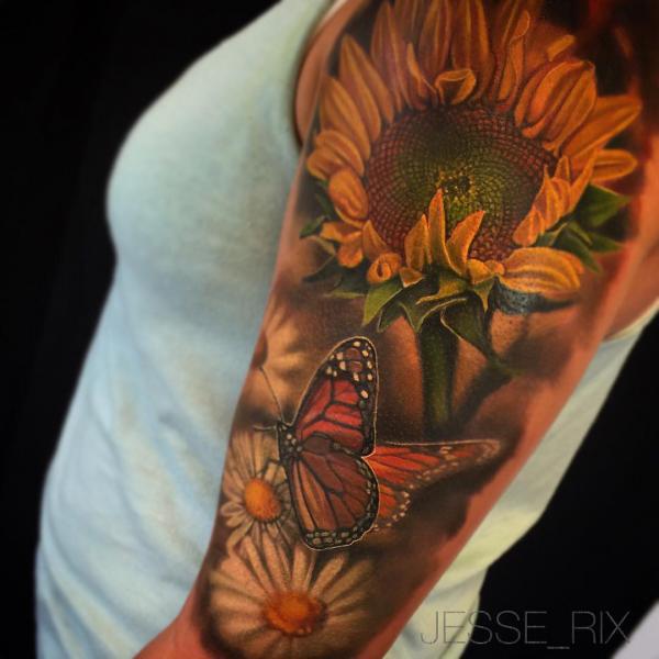 3D Sunflower and butterfly tattoo