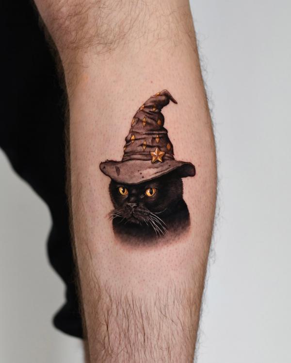 A black cat with magic hat