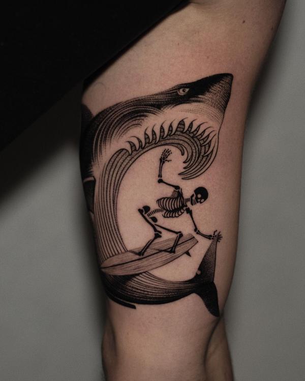 A skeleton surfing in the mouth of shark