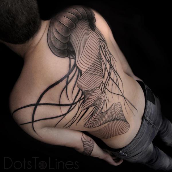 Abstract Jellyfish line work back tattoo