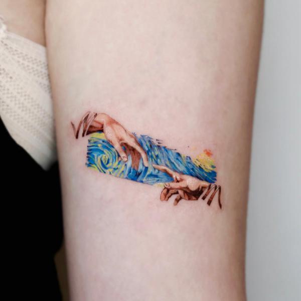 Adam hands with spring on starry night background