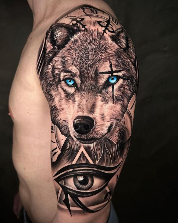 All seeing Eye of horus and wolf tattoo