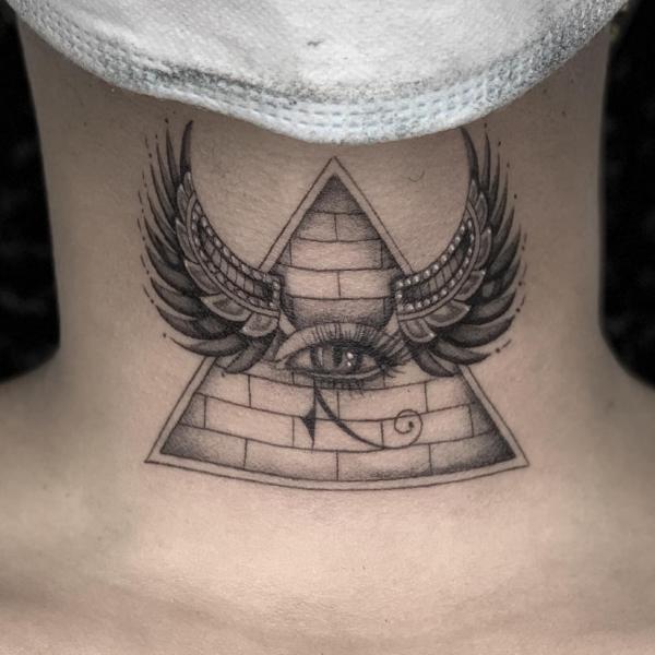 All seeing eye of Horus throat tattoo