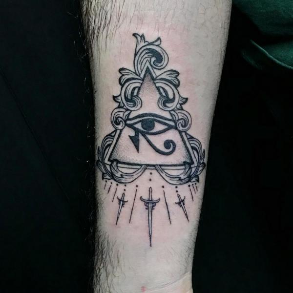 All seeing eye of horus and swords rain tattoo