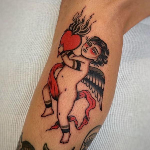 American traditional cherub and sacret heart tattoo