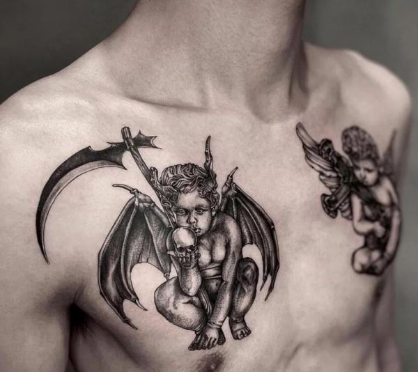 Angel and devil cherub tattoo