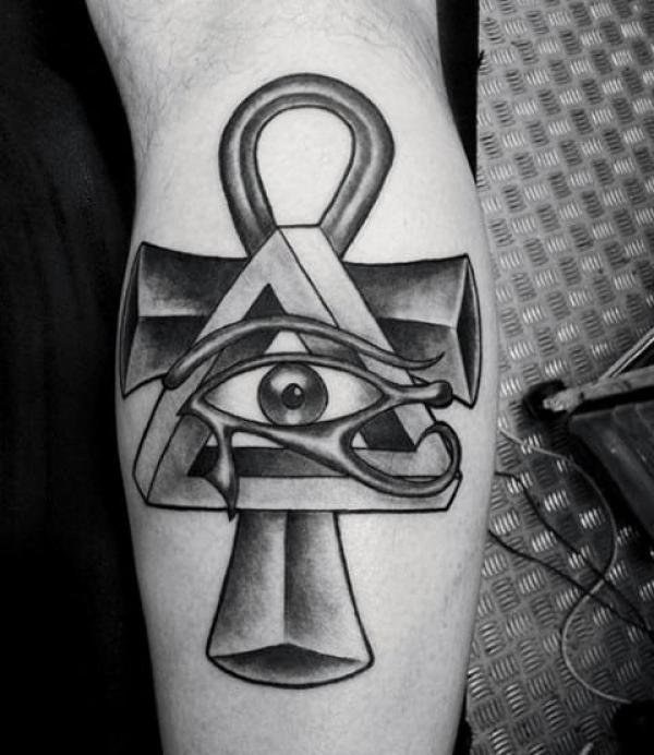 Ankh Penrose triangle and eye of Horus tattoo black and white