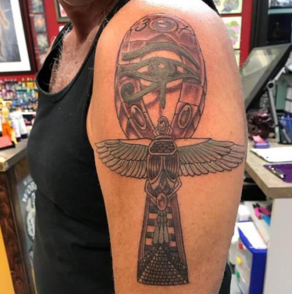 Ankh Scarab Beetle and Eye of Ra tattoo sleeve
