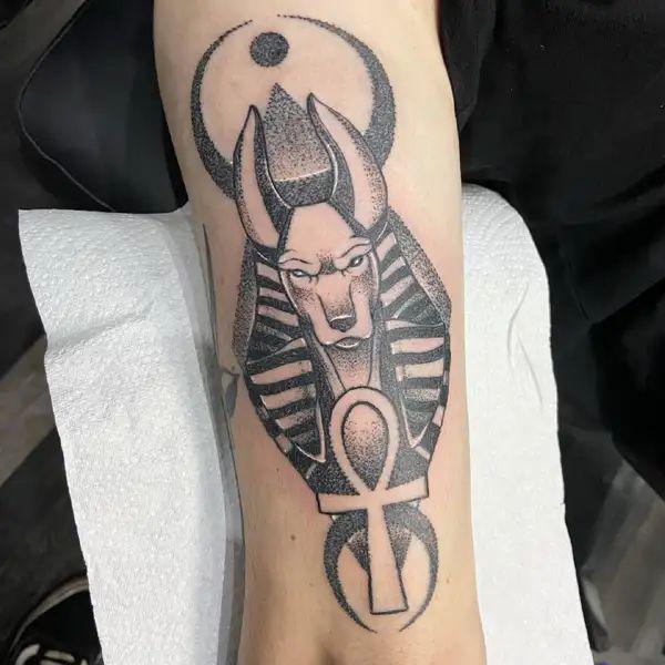 Ankh and Anubis with crescent moon tattoo