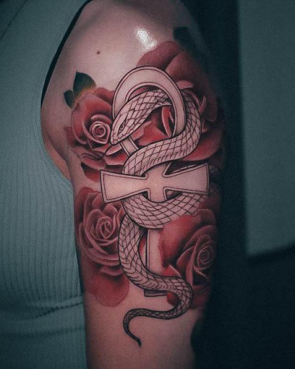 Ankh and Serpent tattoo with red roses