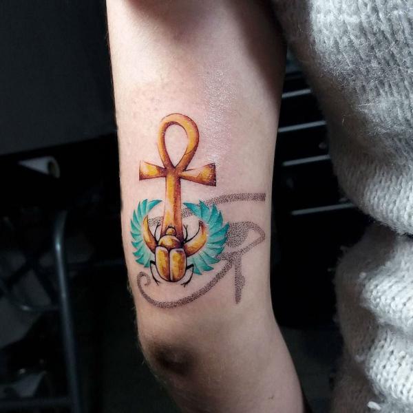 Ankh and scarab with eye of Ra dotwork
