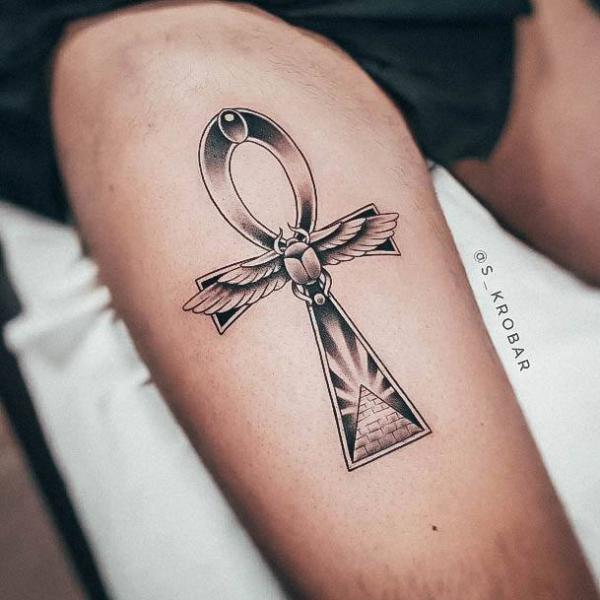 Ankh and scarab with pyramid thigh tattoo