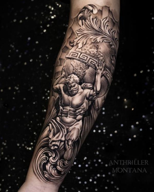 Atlas tattoo on the inner forearm. | Atlas tattoo, Tattoos for guys,  Geometric sleeve tattoo