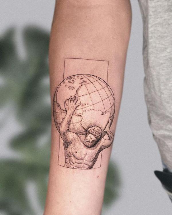 Atlas and earth rectangular tattoo