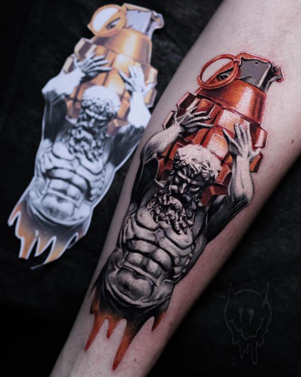 Atlas carrying a grenade on shoulders