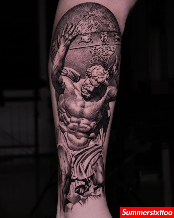 Atlas carrying a world sphere dotwork