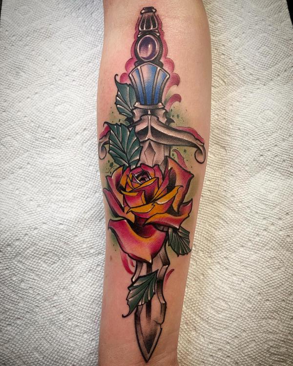 Baroque dagger and rose tattoo