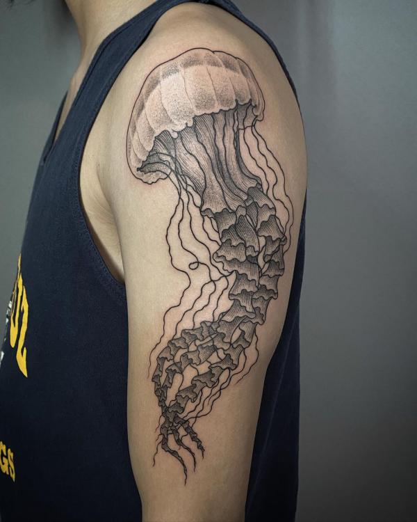 Black and grey Jellyfish dotwotk half sleeve tattoo