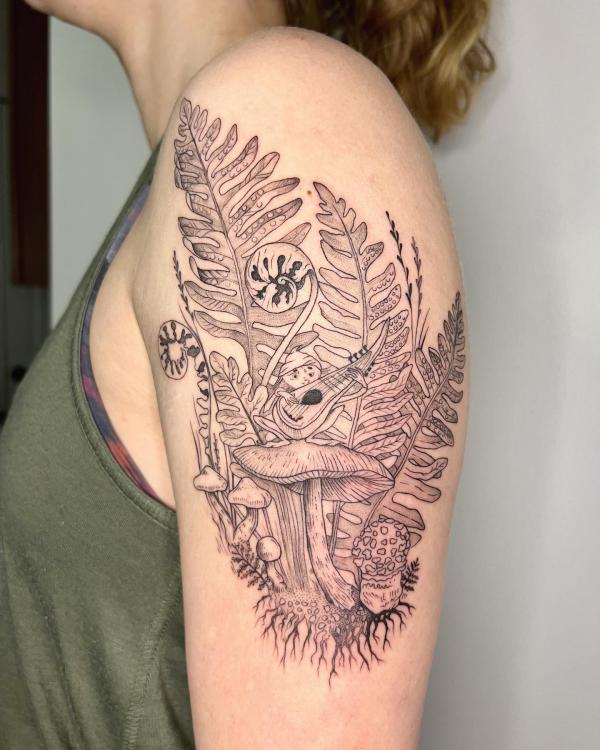 Black and grey fern and mushroom