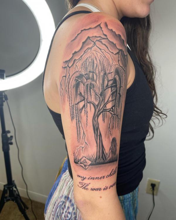 Black and grey willow tree tattoo with words my inner child The war is over