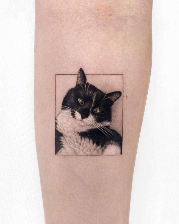 Black and white cat tattoo