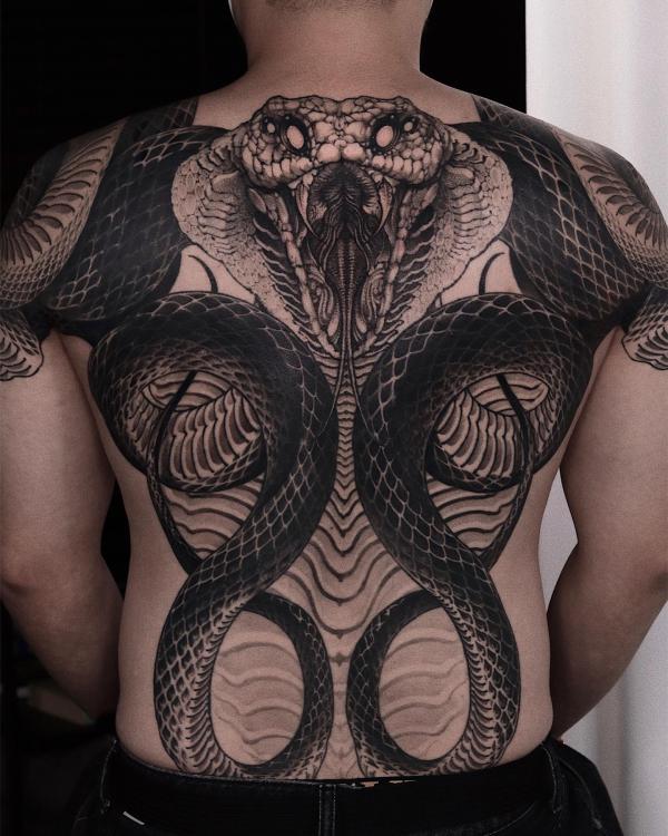 Black and white king cobra tattoo full back