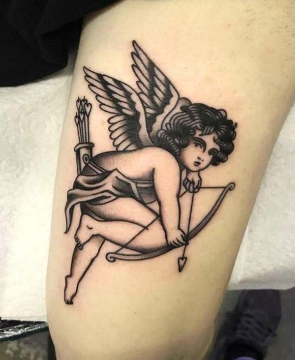 Black and white traditional cherub archery tattoo