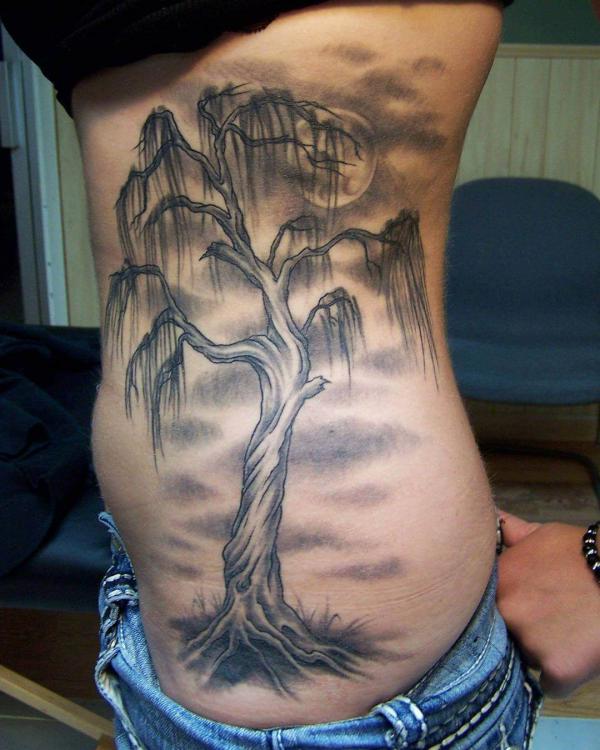 Black and white willow tree and moon tattoo